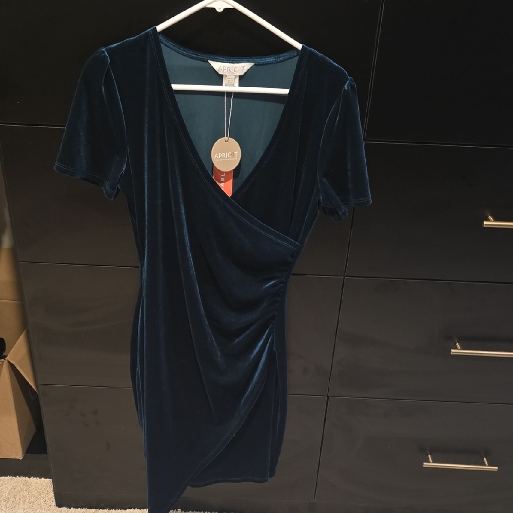 APRICOT Teal Velvet Faux-Wrap Mini Dress